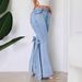 Women's Light Blue High Waist Flare Jeans With Bow Detail, Split Hem Stretchy Denim Bell Bottom Pants, Casual Daily Wear Slim Fit Bootcut Trousers For_ecoleips.com