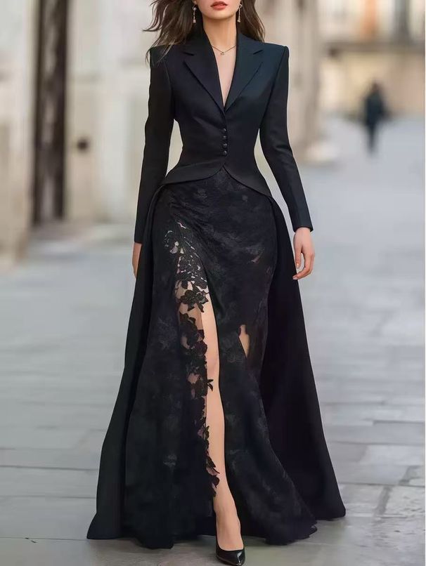 Women's Clothing Women's Long Sleeved Lace Suit Collar Two Piece Dress Spring Autumn For Formal & Casual For Men_ecoleips.com