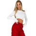 Voya Women's Irregular Round Neck Ultra Short Sexy Long Sleeved T-shirt Fashion Top_ecoleips.com