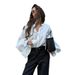 European And American Women's Clothing Sweet Fresh Loose Stand Collar Lantern Sleeve Long Sleeve Shirt_ecoleips.com