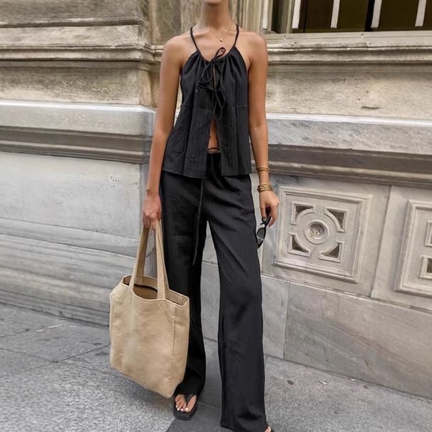 Women's Clothing Lace Up Halter Neck Top Trousers Two Piece Suit Summer Fashion Loose Casual Suit_ecoleips.com