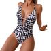 Women's Abstract Maze Print One Piece Swimsuit Deep V Backless Slimming Strappy European American Style Clearanced Sale_ecoleips.com