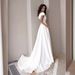 Women's Clothing Official Picture V Neck Ruffled White Mid Waist Solid Color Temperament Commuter Long Skirt Dress_ecoleips.com