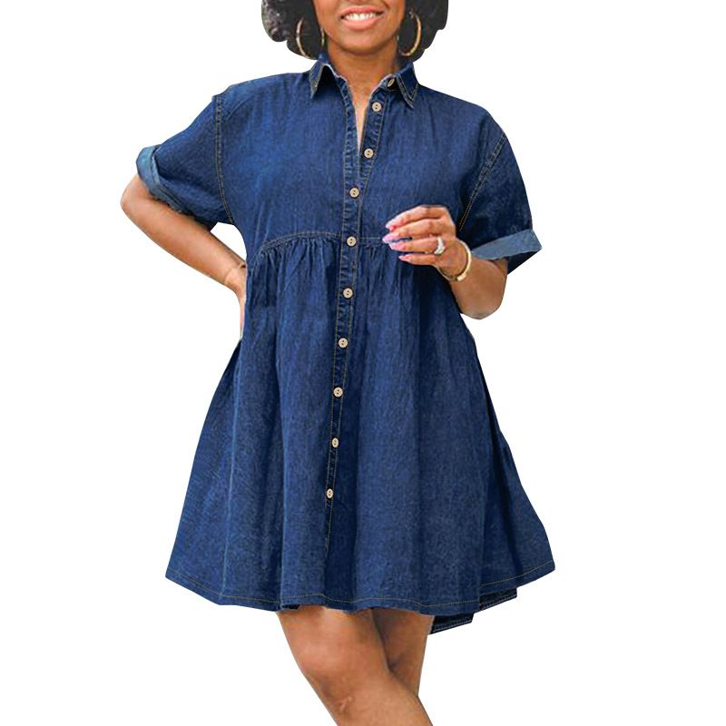 Denim Short Sleeve Slim Fit Dress A Line Skirt For Women_ecoleips.com