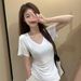 Women's Solid Color V-Neck Short Sleeve Front Shoulder Women's T-Shirt Summer Waist Slim Fit Pinch Waist Skinny Bottom Shirt Summer Wear_ecoleips.com