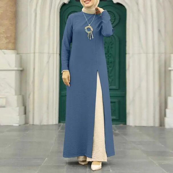 Muslim Women's Dress Ice Silk Wrinkled Long Sleeved High Slit Hem Dress Fashionable Solid Color Elegant Intellectual Ladies Robe_ecoleips.com
