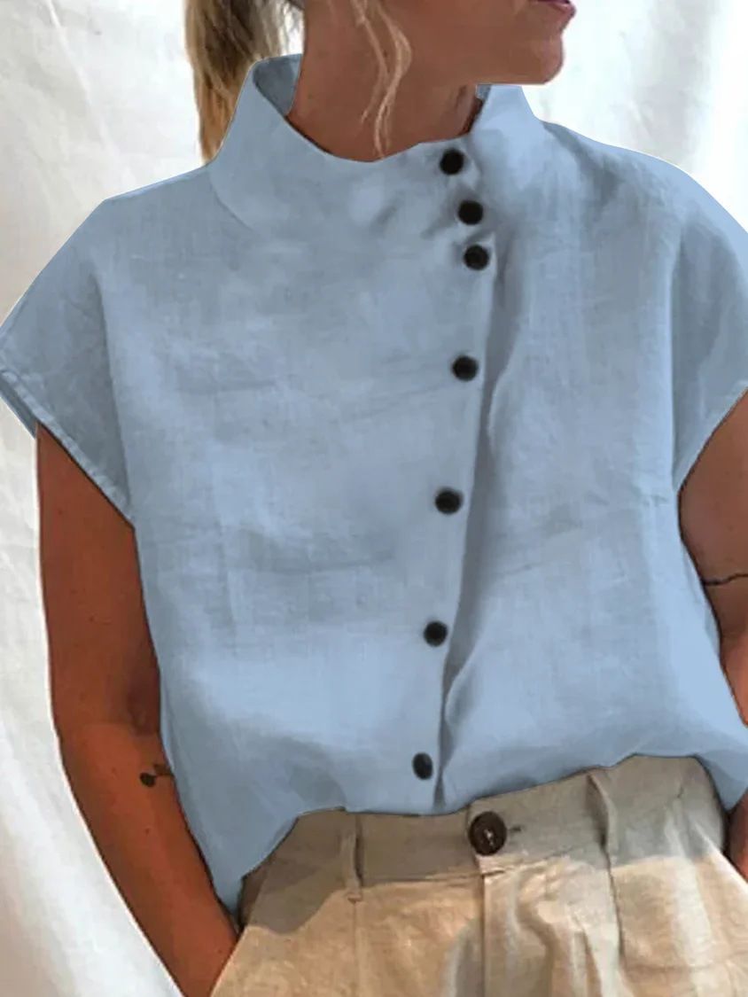 Women's Clothing Button Cotton And Linen Stand Collar Casual Shirt Comfortable Short Sleeve Shirt_ecoleips.com