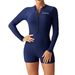Women's Long-Sleeve Zip-Up Rash Guard Swimsuit Full-Coverage One-Piece UPF 50+ Protection Black Navy S-XXL_ecoleips.com