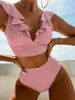 Women’s Clothing New Multi Color Ruffled V Neck Split Swimsuit High Waist Split Bikini Femal_ecoleips.com
