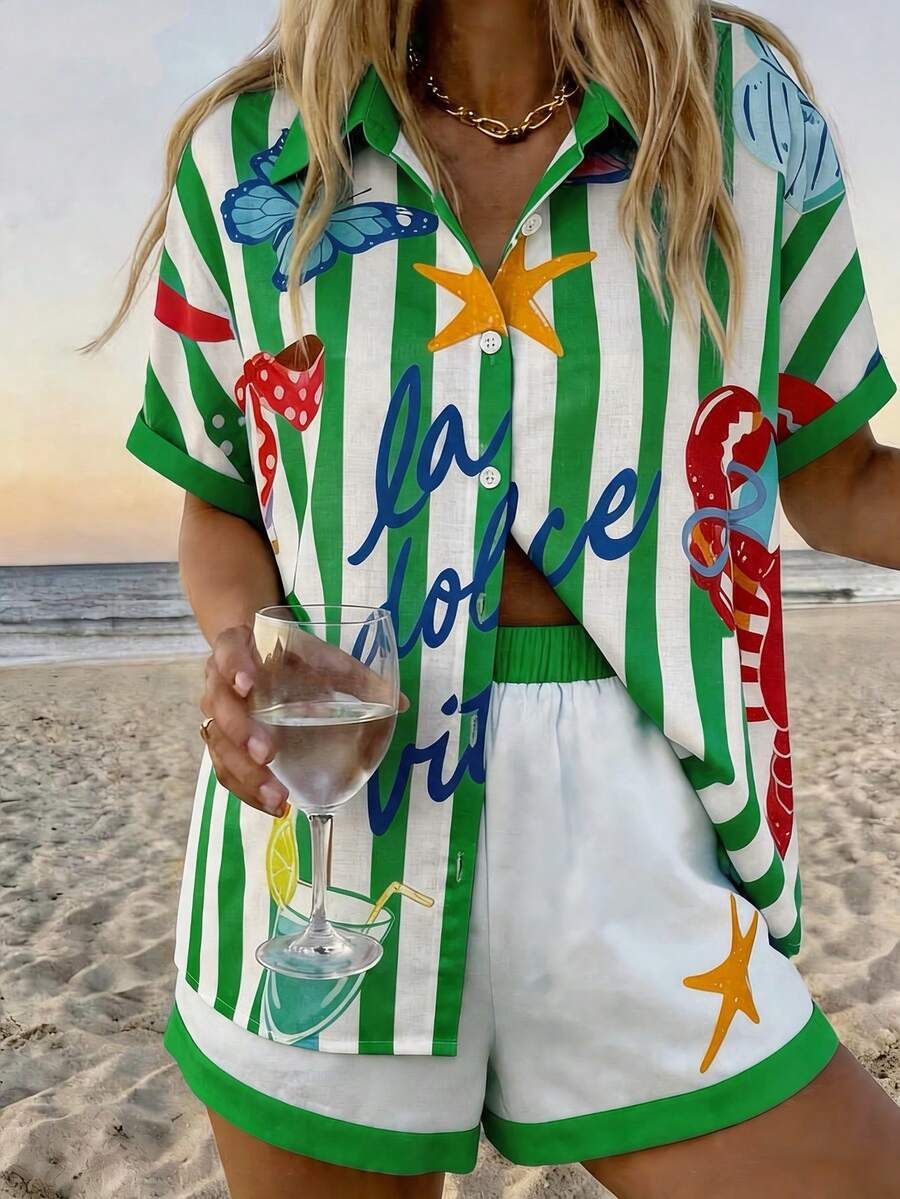 Women's Floral Print Collared Short Sleeve Shirt And Shorts Set - Summer Vacation Resort Outfit, Comfortable Linen Blend Fabric For Casual Wear_ecoleips.com