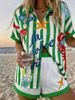 Women's Floral Print Collared Short Sleeve Shirt And Shorts Set - Summer Vacation Resort Outfit, Comfortable Linen Blend Fabric For Casual Wear_ecoleips.com