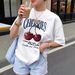 Women's Clothing Summer Women's T-Shirt Loose Short Sleeve Round Neck Niche Letter Cherry Print Style Top_ecoleips.com
