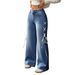 Women's Clothing Plus Size Side Ribbon Stretch Jeans - Flowy Straight Leg Denim Pants With Adjustable Waist Tie_ecoleips.com