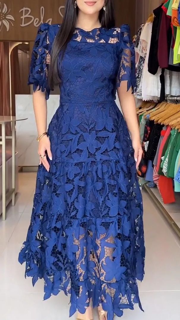 Women's Clothing Summer New Women's Temperament Round Neck Hollow Lace Dress Women's Clothing_ecoleips.com