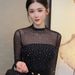 Fashionable Slim Fit Long Sleeve Mesh T-Shirt Half High Collar Shiny Sequins Women's Korean Style Elasticity New Arrival_ecoleips.com