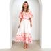 2025 New Spring Summer Puff Sleeve V-neck Women's With Printed Fairy Style Mid-length Elegant Flared Dress_ecoleips.com