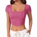 Voya Women's Independent Station 2026 New Irregular Square Neck Knitted Short Sleeved T-shirt Short Fit Top_ecoleips.com