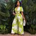 Women's Clothing Fashion Printed Pleated Butterfly Sleeves V Neck Top Lace Up Waist Wide Leg Trousers Suit_ecoleips.com