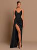 Women's Clothing Sexy Slim Deep V Waist Satin Slit Transparent Shoulder Strap Suspender Dress_ecoleips.com
