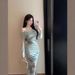 One-word Shoulder Mesh Yarn Long-sleeved Slim-fitting Hip-wrapped Fishtail Women's Dress Cheongsam Dress_ecoleips.com