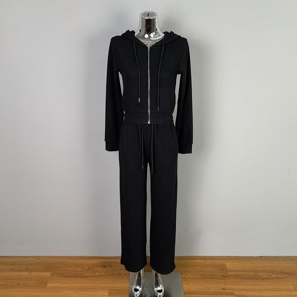 Hot Girl Casual Style Hooded Zipper Sports Set: Short Long-Sleeve Cardigan + High-Waisted Wide-Leg Pants Slimming_ecoleips.com