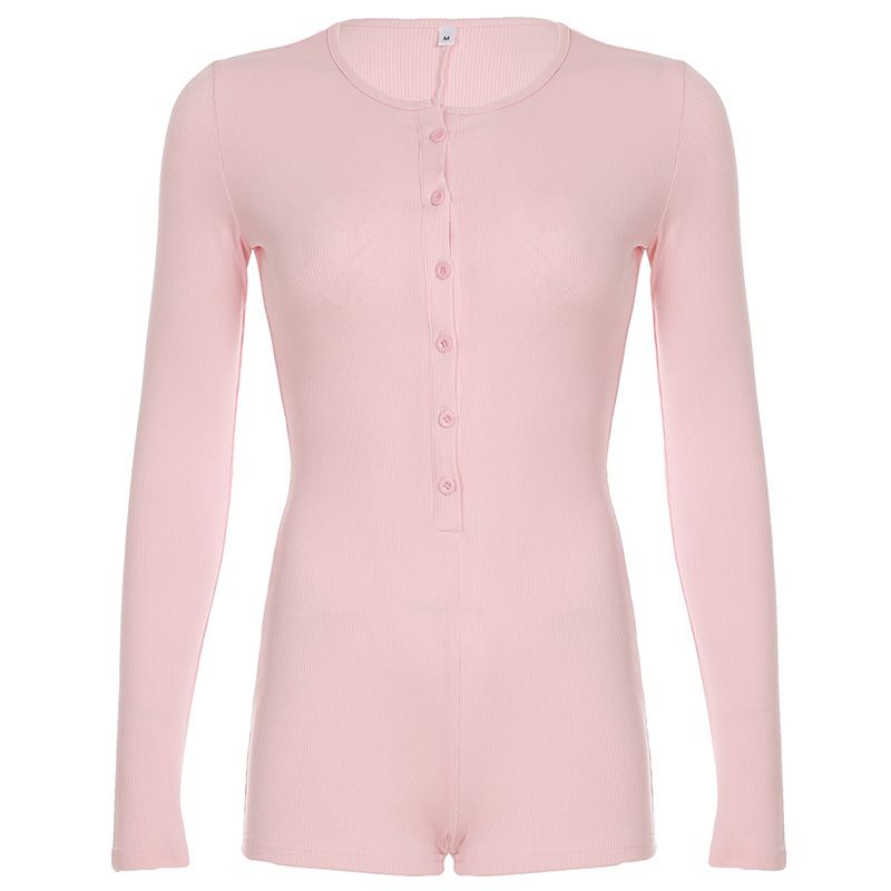 Women's Sexy round Neck Slim Fit Jumpsuit Long Sleeve Button Detail European American Style Cross Border Wholesale Summer Spring/Autumn_ecoleips.com