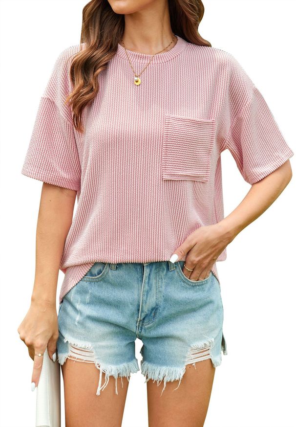 Women's Clothing Summer Casual Contrast Color Wave Striped Short Sleeved Pocket T Shirt Top_ecoleips.com