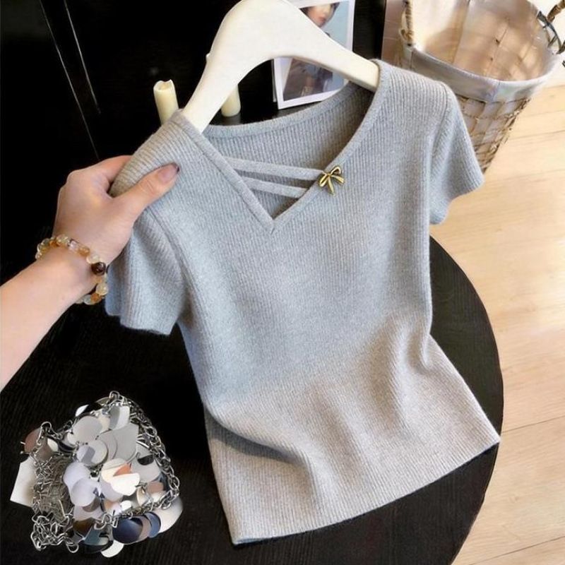 Women's French Style Minimalist V Neck Short Sleeve T-Shirt Knitwear Slim Fit Flattering Top Spring/Summer New Design_ecoleips.com