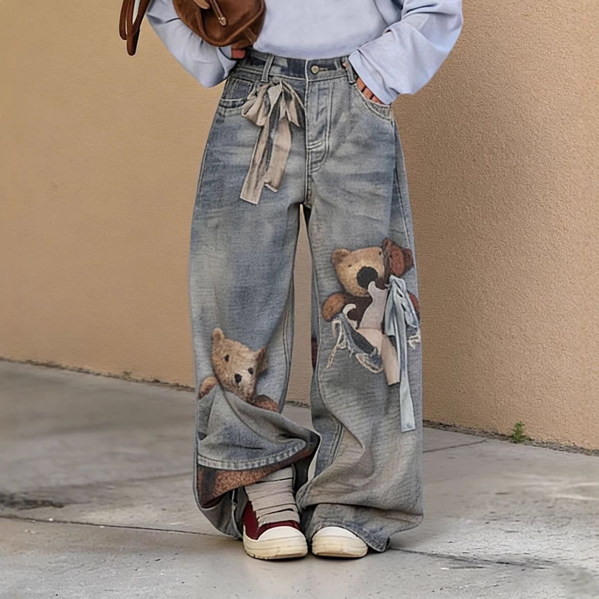 Women's Clothing 3D Optical Print Denim Jeans Bear Bow Design England Style Fashion Spring/Autumn Summer Regular Fit Polyester_ecoleips.com
