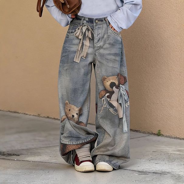 Women's Clothing 3D Optical Print Denim Jeans Bear Bow Design England Style Fashion Spring/Autumn Summer Regular Fit Polyester_ecoleips.com