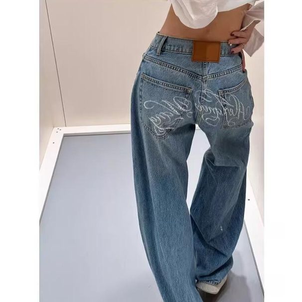 American Retro Rhinestone-embellished A-line Letter-print Jeans, Super Flattering And Hip-lifting, Curved Wide-leg Denim_ecoleips.com