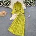 Elegant Women's Minimalist Solid Color Puff Sleeve Shirt Tie Front Slimming Midi Length Elastic Waist Spring Pant Set_ecoleips.com