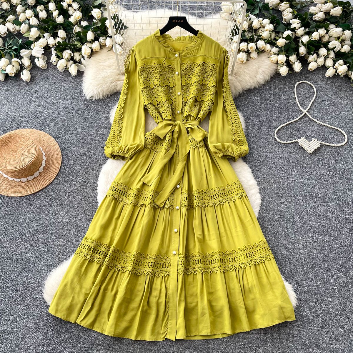 French Retro Stand Collar Ruffle Patchwork Dress for Women Hollowed out Embroidery Slimming Long Sleeve Niche Stand Collar Bubble Women's Clothing_ecoleips.com