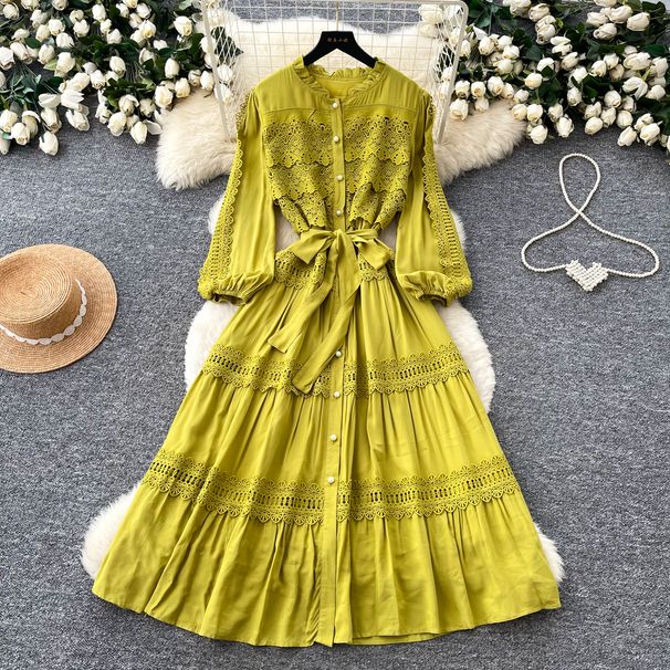 French Retro Stand Collar Ruffle Patchwork Dress for Women Hollowed out Embroidery Slimming Long Sleeve Niche Stand Collar Bubble Women's Clothing_ecoleips.com