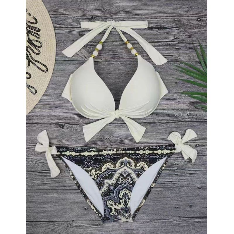 Trendy Floral Bikini Set - Adjustable Tie-Detail High Waist Swimwear For Women, Comfortable Polyester Fabric (White, Xs-Xl)_ecoleips.com