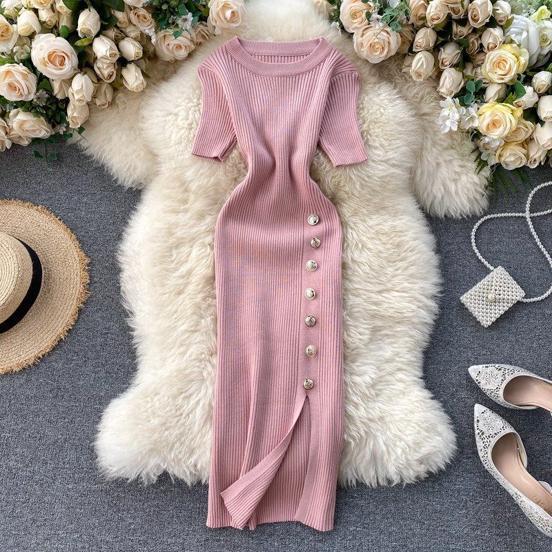 Women's Clothing Simple Solid Color Breasted Slim Fitting Short Sleeved Knitted Slit Hip Wrap Dress_ecoleips.com