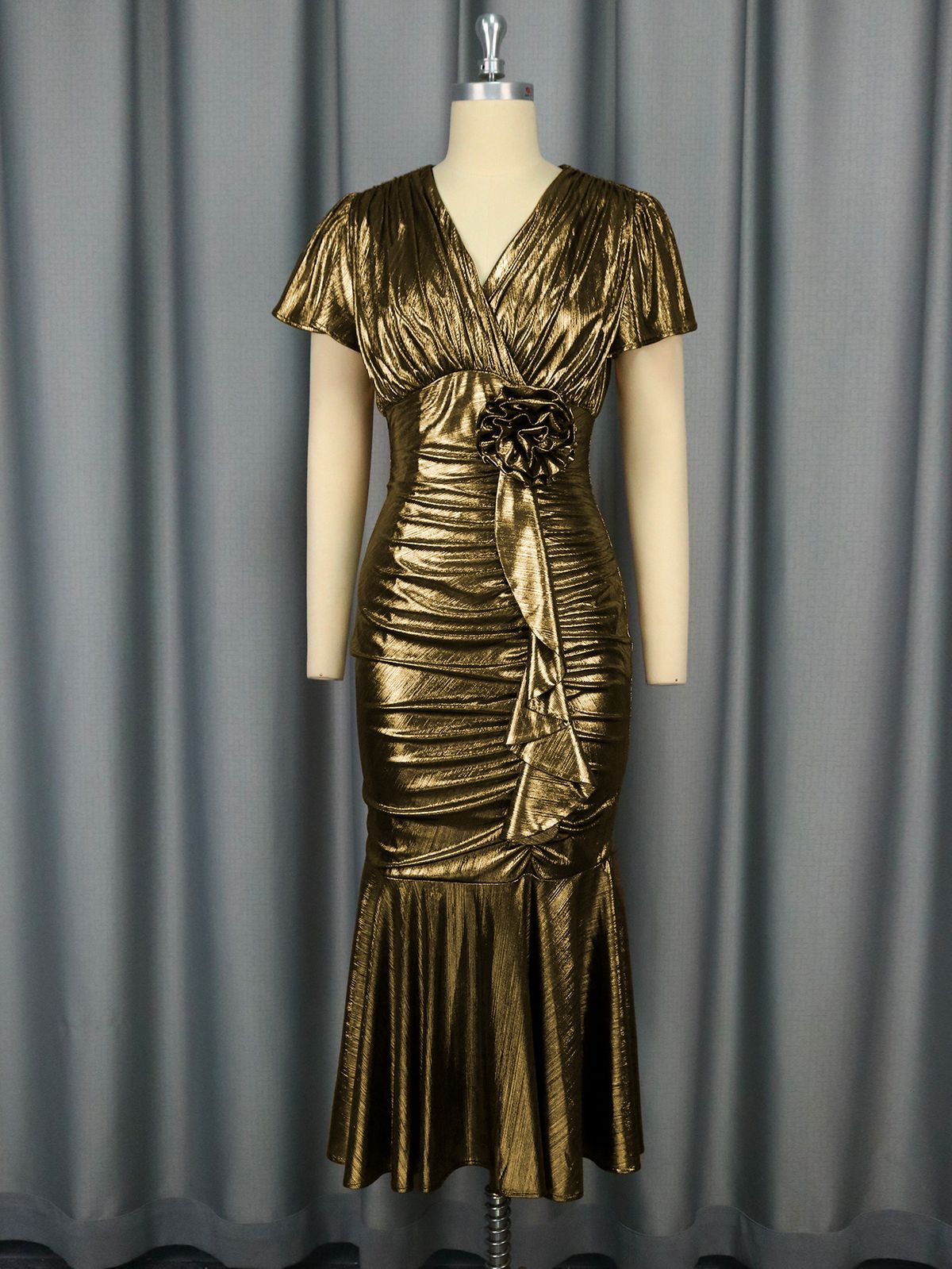 Elegant V-Neck Ruffled Mermaid Evening Dress With Floral Waist Detail For Party & Banquet Party Wear Prom & Evening Dresses_ecoleips.com