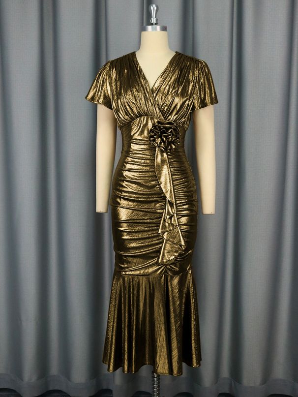 Elegant V-Neck Ruffled Mermaid Evening Dress With Floral Waist Detail For Party & Banquet Party Wear Prom & Evening Dresses_ecoleips.com
