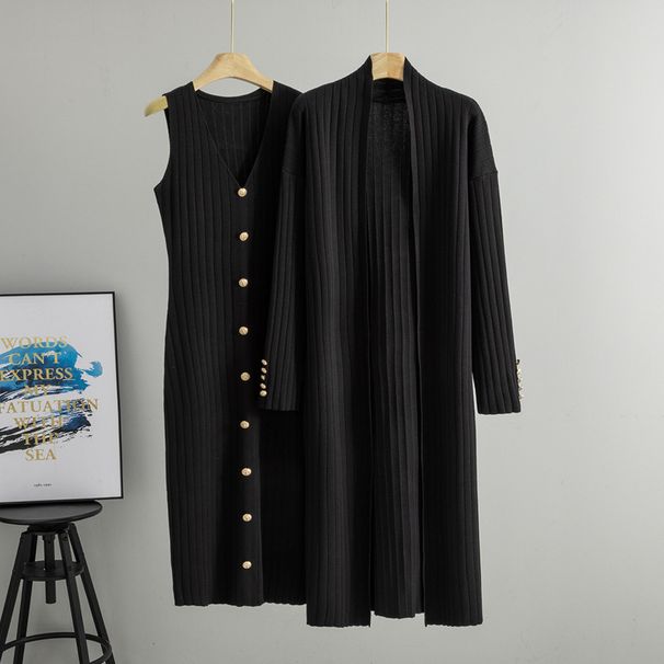 K Lazy Style Long Knitted Cardigan Sweater Set, Women's New Style Temperament Dress Two-piece Set_ecoleips.com