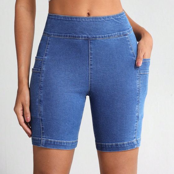 High-Waisted Denim Shorts For Women - Stretchy Comfort, Slimming Fit, Classic Blue Wash Versatile Blue Wash_ecoleips.com