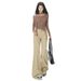 American Retro Khaki Flared Jeans For Women, Autumn And Winter Fleece-Lined Low Waist Brown Melad Loose Floor-Length_ecoleips.com
