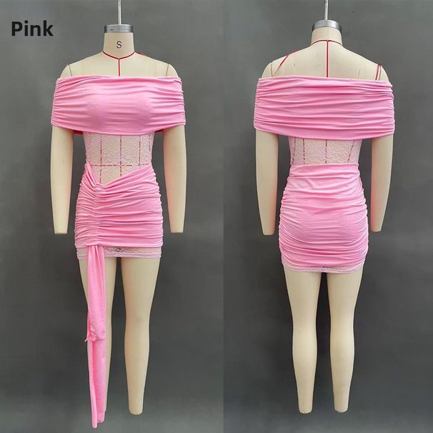 Women's Slim Fit Strapless Dress Mesh Hollow Splicing One Shoulder Elastic Pleated Relaxed Everyday Wear Comfortable Feshion_ecoleips.com