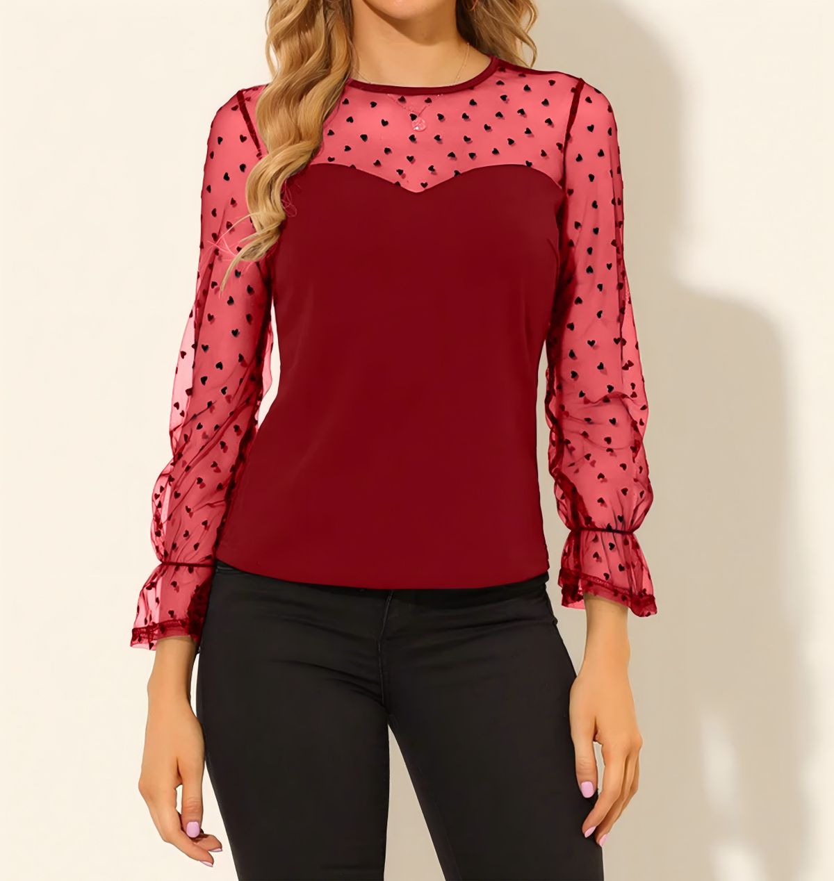 2026 European And American New Women's Mesh Polka Dot Splicing Round Neck Long Sleeved Elegant And Fashionable T-shirt_ecoleips.com