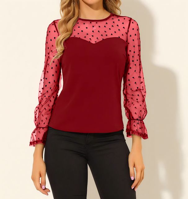 2026 European And American New Women's Mesh Polka Dot Splicing Round Neck Long Sleeved Elegant And Fashionable T-shirt_ecoleips.com
