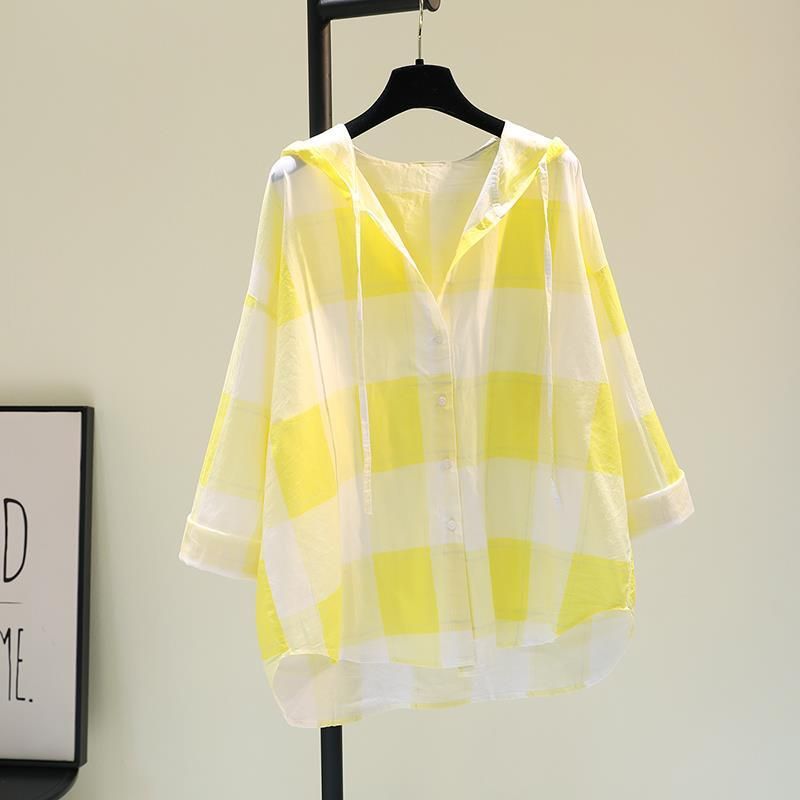 Women's Pink Plaid Cotton Linen Hooded Shirt Spring Korean Style Loose Casual Sun Protection Cardigan_ecoleips.com