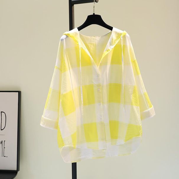 Women's Pink Plaid Cotton Linen Hooded Shirt Spring Korean Style Loose Casual Sun Protection Cardigan_ecoleips.com
