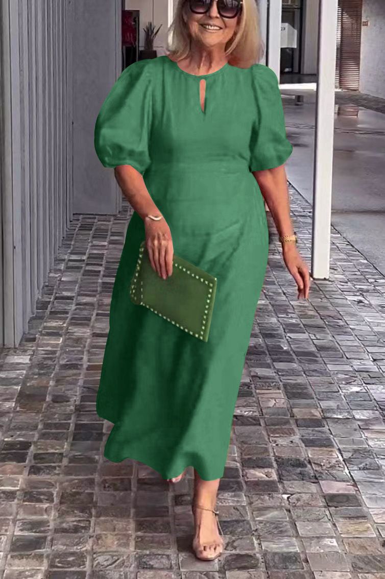 Women's Clothing Summer Macaron Color Puff Sleeve Round Neck A-Line Long Dress Style Casual Hollow Out Women's Clothing_ecoleips.com