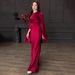 Elegant Satin Long Sleeve A-Line Dress With Batwing Sleeves & High Waist - Rose Gold & Deep Red For Office & Evening Wear_ecoleips.com