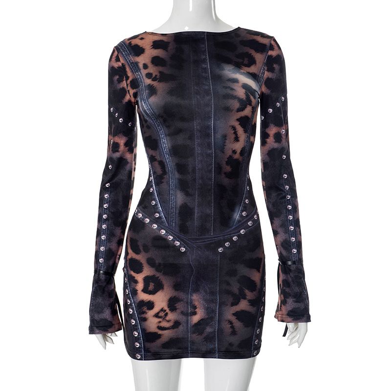 F24DS269 Women's Slim Fit Long Sleeve Dress Fashionable Sexy round Neck Printed European American Style Cross Border Clothing_ecoleips.com