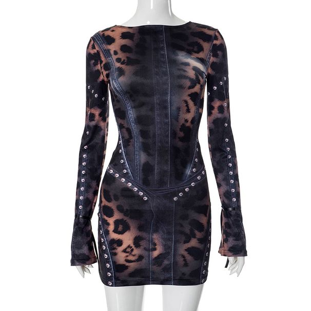 F24DS269 Women's Slim Fit Long Sleeve Dress Fashionable Sexy round Neck Printed European American Style Cross Border Clothing_ecoleips.com